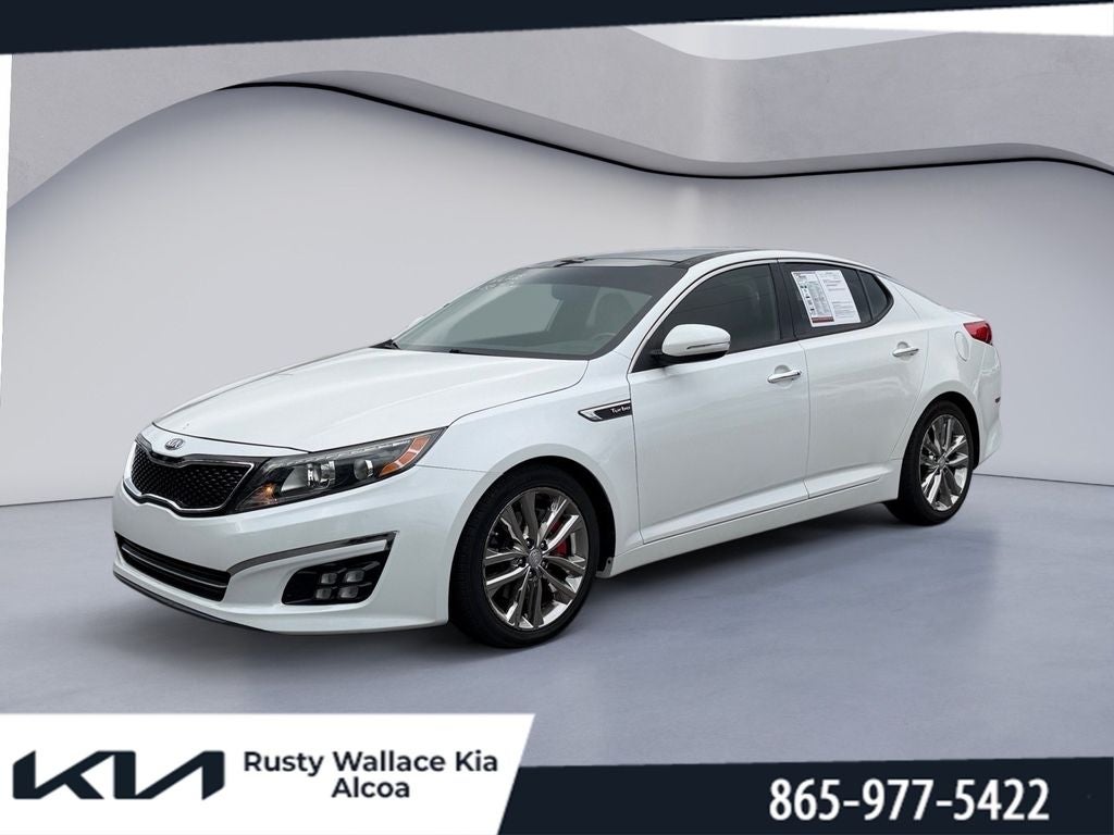 2015 Kia Optima SXL Turbo in Snow White Pearl — front three-quarter view