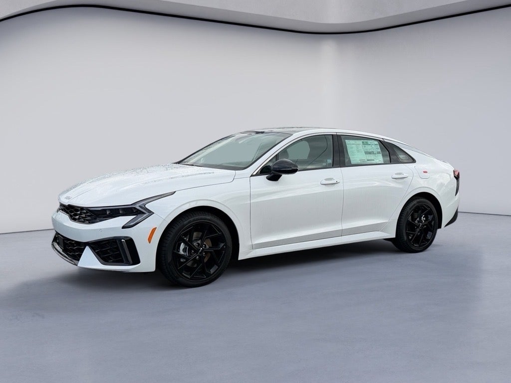 2026 Kia K5 GT-Line in Snow White Pearl — front three-quarter view